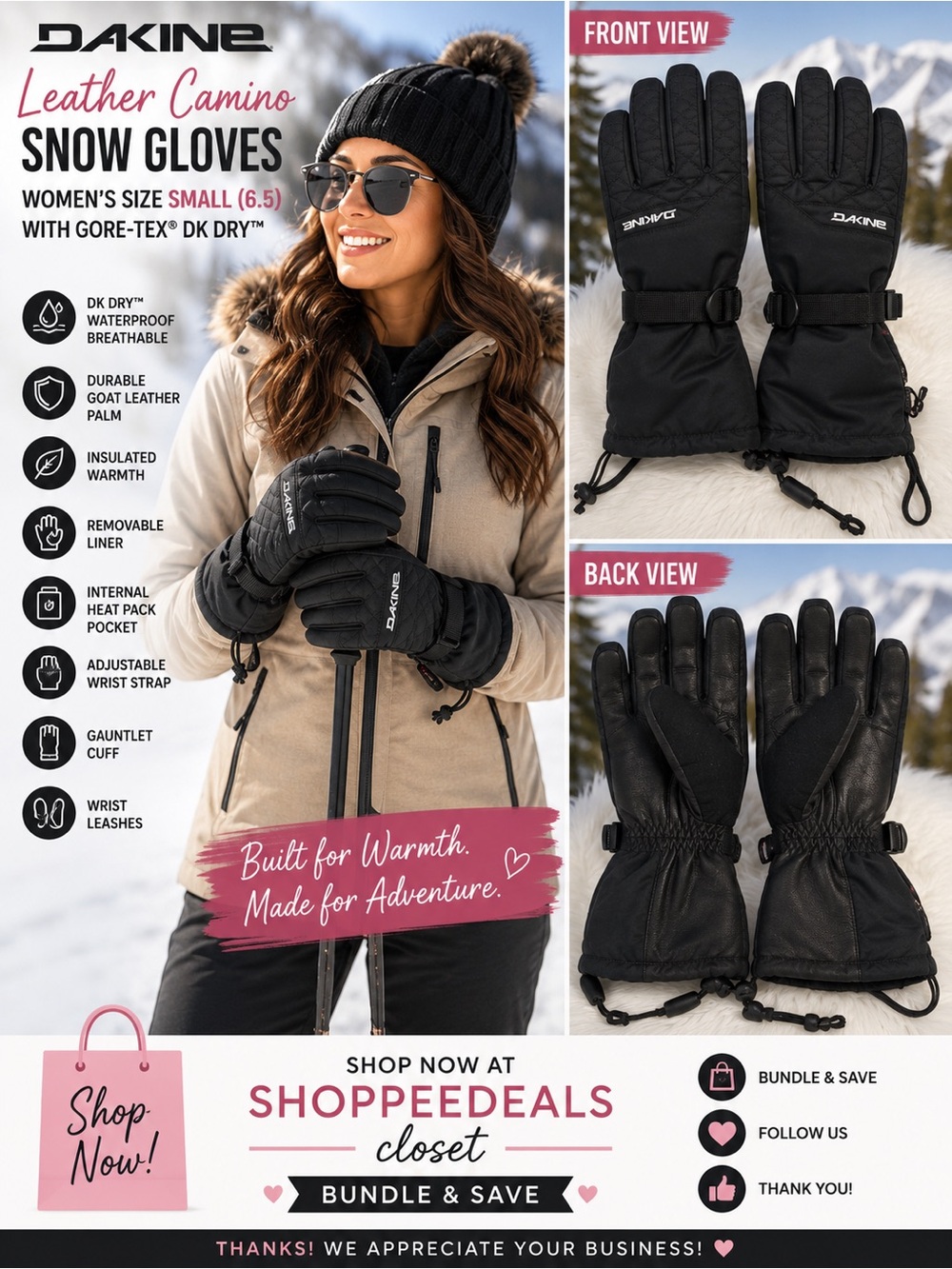 Dakine Leather Camino Women’s Snow Ski Gloves – Size Small (6.5)–Gore-Tex DK Dry